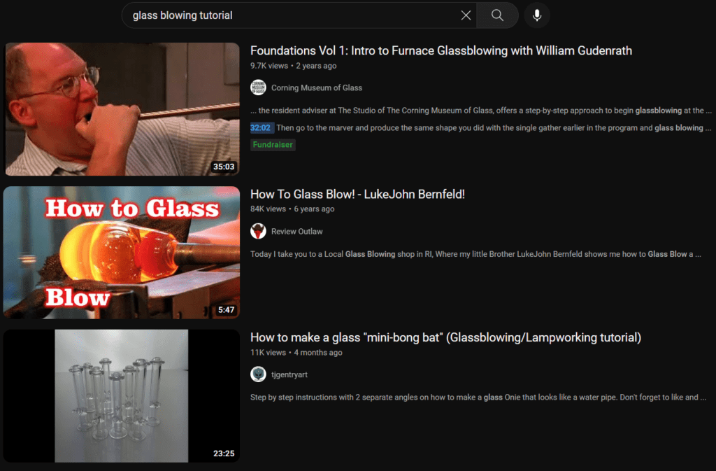 Youtube search results page showing glass blowing tutorial videos