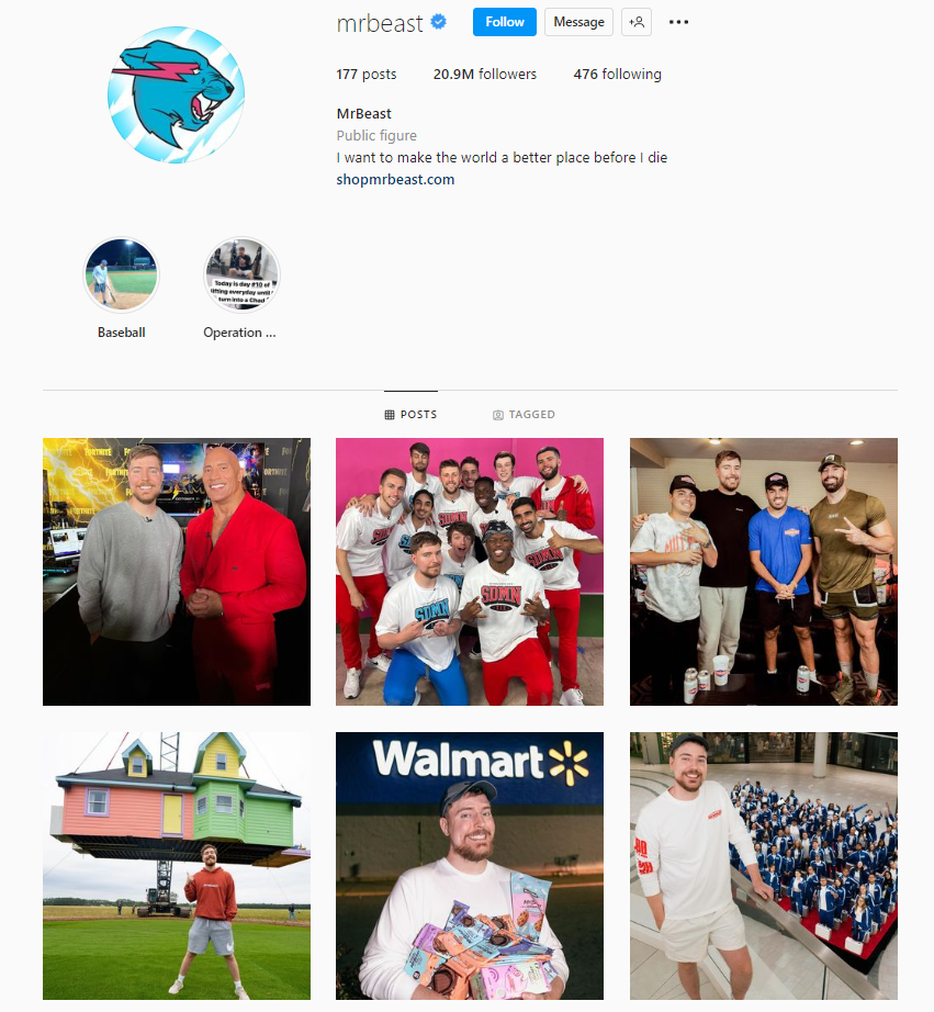 MrBeast's instagram profile page with engagement metrics, follower and viewer counts, and example posts