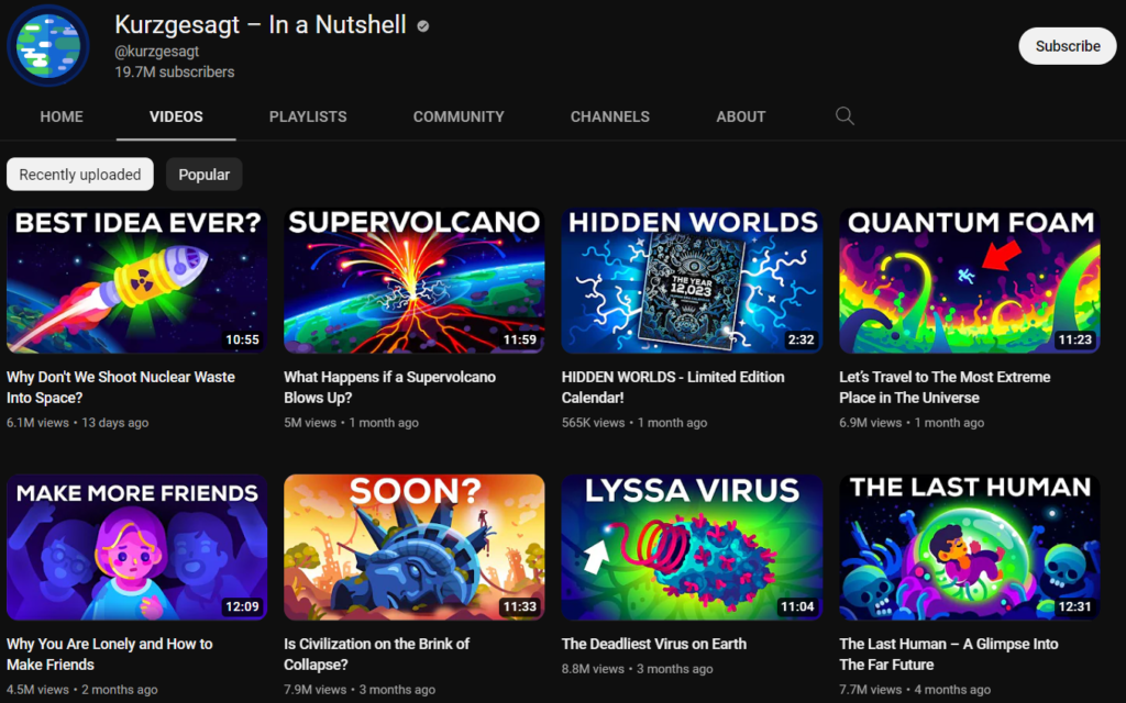 Kurzgesagt's Youtube channel page with thumbnails and subscriber count