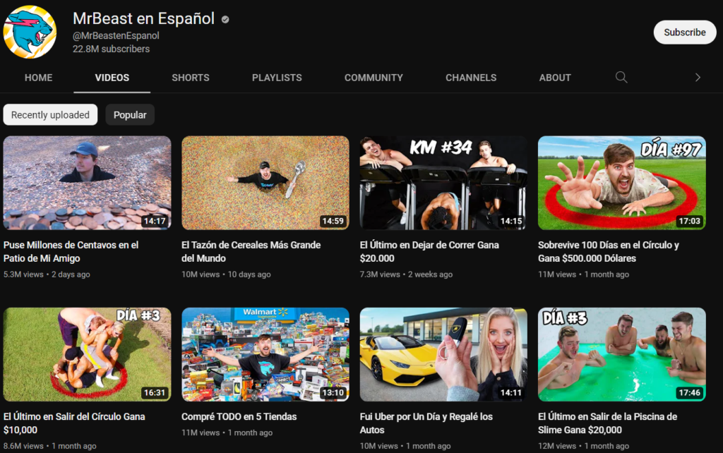 MrBeast's Spanish Youtube page with thumbnails and subscriber count