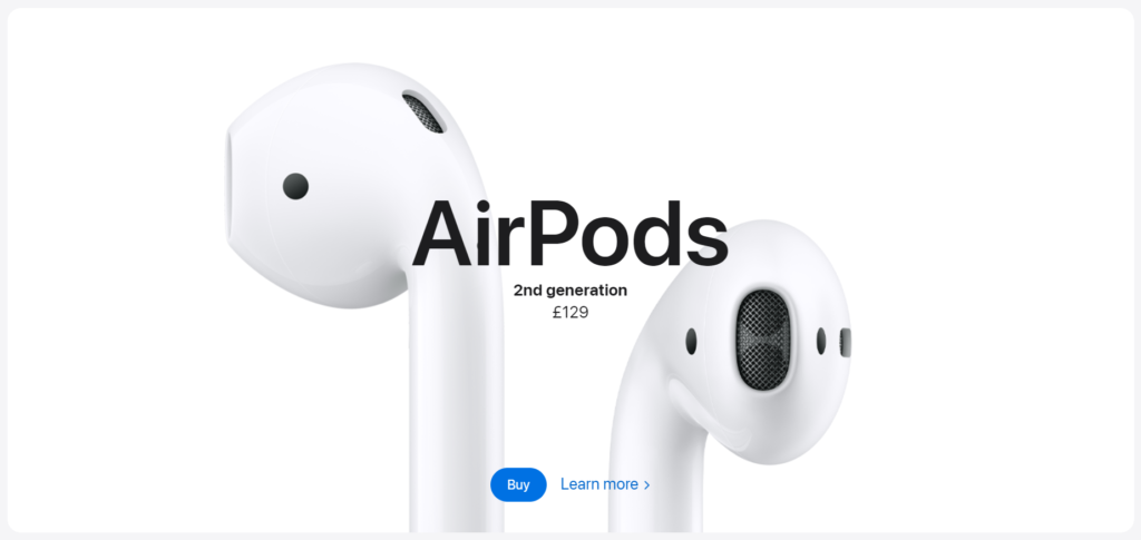 Apple's hero section design and website landing page for their AirPods product