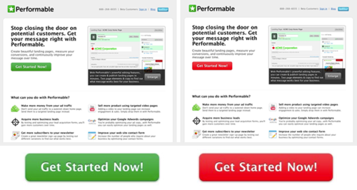 A/B test performed by HubSpot showing the difference between green and red call-to-action buttons on a landing page or website hero section
